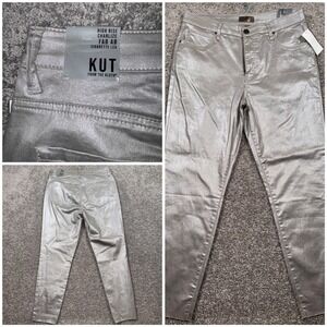 Kut from the Kloth Charlize Fab Ab Cigarette Leg Jeans Sz 10 Silver Metallic NEW